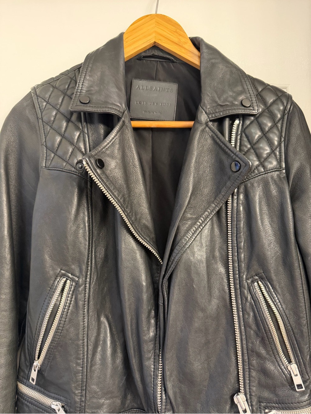 All Saints Black Leather Quilted Shoulder Jacket with Silver Hardware - Picture 7 of 8